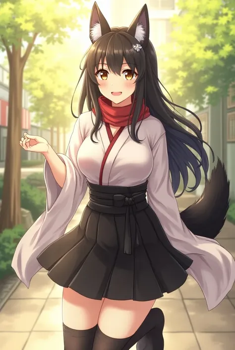 day, summer, dawn, sunshine, school yard, 1girl, fox ears, fox tail, long hair, black hair, hair ornament, gold beautiful eyes, cleveage, huge breast, black skirt.  kimono, scarf, cross neckle, facial marks, Azur Lane, stockings, very attractive, musashi (...