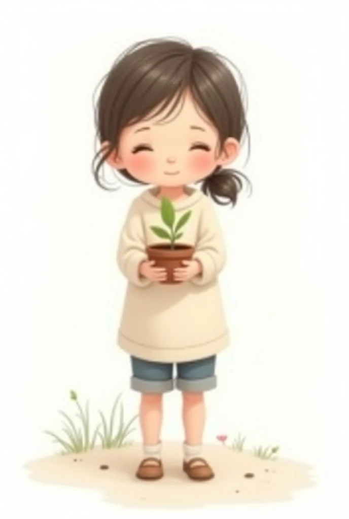 a girl 2d art girl who is planting tree with white plain background on it