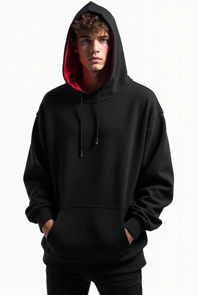  A European 18 year old young man ,Stunning body perfect body , wearing a black long sleeve loose hooded T(No Drawstring ),Inside is red ,There is a large pocket under the clothes with a hole left and right, Pen screen , white background , upper body,Detai...