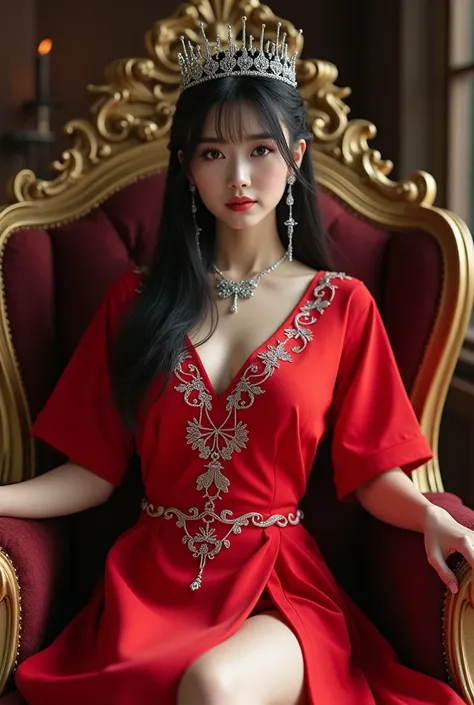 Create a realistic photos of korean women wearing a tshirt dress red with slit with color beads silver design with long straight hair long with bangs sitting in luxiour chair as a Queen