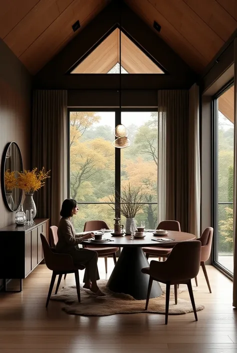 Professional 3d architecture rendering design of modern and minimal for interior  elegant triangle wooden jungle’s villa in autumn  in  normally day and 6  elegant chocolate color dining  chairs and circular  black brown  wooden  dining table and modern wi...