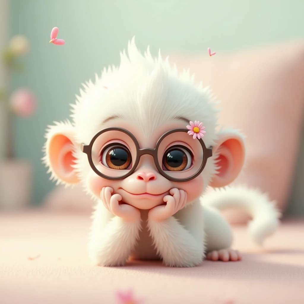 “A small, adorable white monkey with fluffy fur, wearing round glasses with a small flower decoration. The monkey has large, expressive eyes and is lying on its front with its chin resting on its hands in a playful pose. The background is softly blurred to...