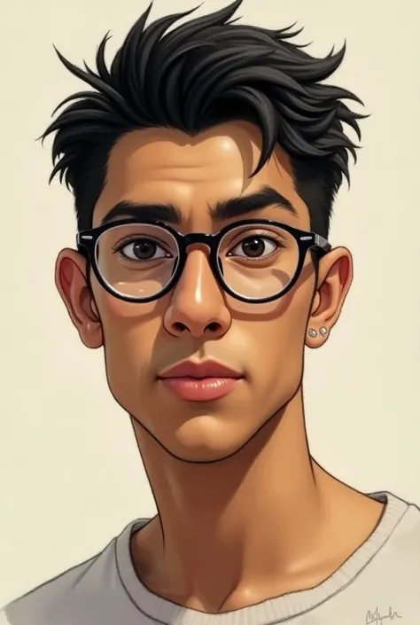 Make a semi-realistic drawing of the face of a 25-year-old Brazilian,  he has very short black hair ,  wears round glasses of degree , He is thin and defined 