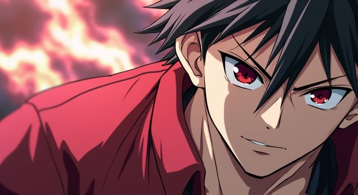  Real Images、Close up of a person wearing a red shirt and red jacket by Hisahito Kojo, Jujutsu Kaisen, Anime key visual,  animated movie screenshot , Key Anime Art, anime style like destiny/stay, Key Art Anime Sharp Focus , destiny stay,   todays special a...