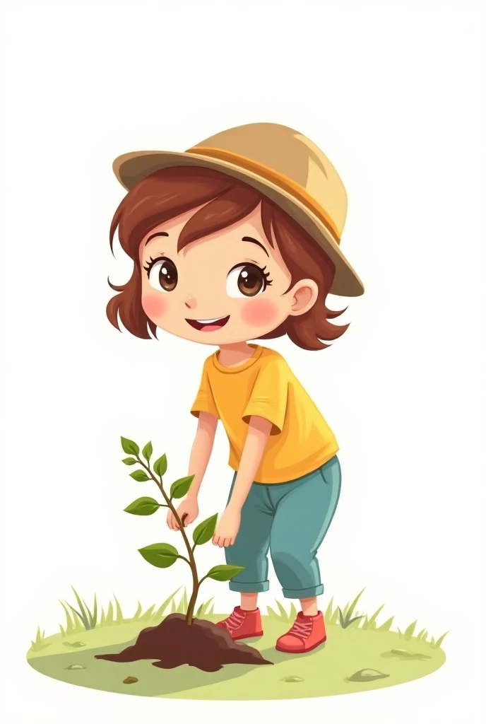 a clpartart 2d cartoon girl who is planting tree with white plain background on it