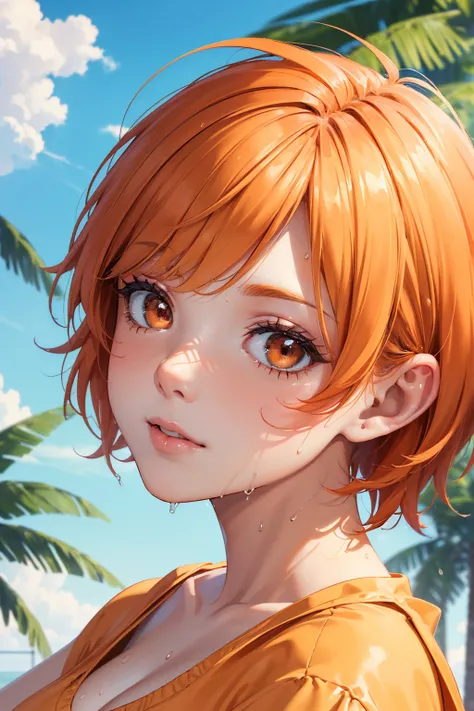 (A woman, Park, Sunny day, orange sundress, raw,  Ultra high definition , 8K,  close up portrait :19.16, head,  Highly detailed face , impressive eyes, orange short hair,  with her back to the camera, wet clothes,  vibrant colors ,  warm sunlight ) ((very ...