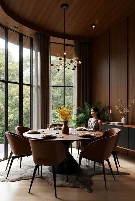 Professional 3d architecture rendering design of modern and minimal for interior  elegant triangle wooden jungle’s villa in autumn  in  normally day and 6  elegant chocolate color dining  chairs and circular  black brown  wooden  dining table and modern wi...