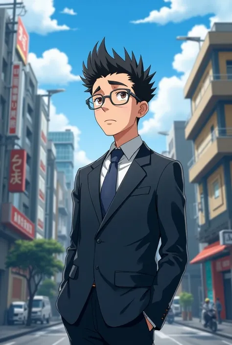 Anime, best quality, high quality, good anatomy, create a man, black mushroom hair, brown eyes, slender body, tired face, wears glasses, dressed like a salaryman, modern city background