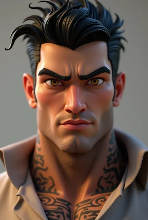 I need a realistic animated character (man) for a book cover where the man has golden eyes, a black hair that is Alpha, that is dominant, that looks that way, that he has tattoos on his neck, beautiful lips, a perfect nose, a perfect face, that everything ...