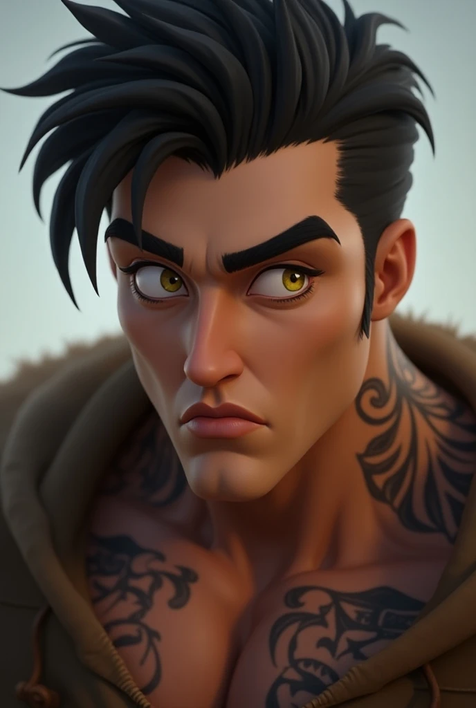 I need a realistic animated character (man) for a book cover where the man has golden eyes, a black hair that is Alpha, that is dominant, that looks that way, that he has tattoos on his neck, beautiful lips, a perfect nose, a perfect face, that everything ...