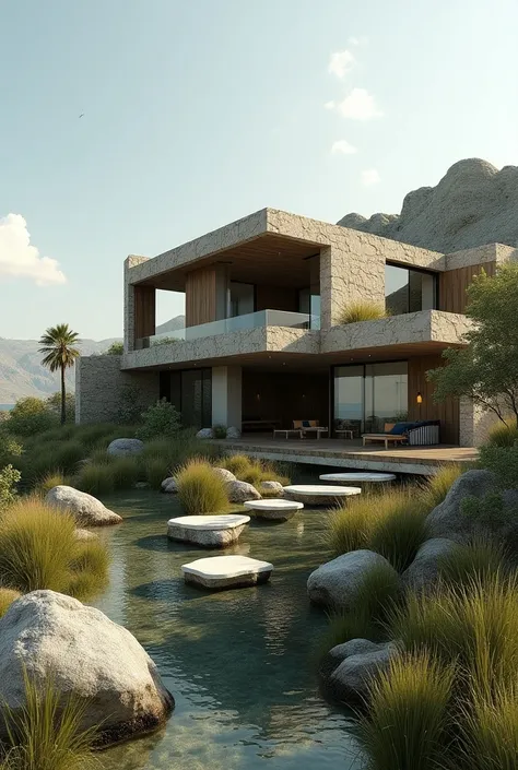 puedes generar una imagen de una casa hecha de stone con ventanas grandes que parezca ecologica y que tenga paneles soleres,  preferably in a desert ,  next to the sea and that has green roofs with water channels ,  the house could have low-budget material...