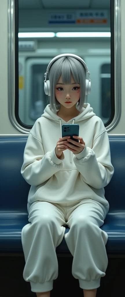 (8k,  photorealistic, Original photo,  High Quality: 1.4), beautiful Japanese idol-like girl ,18 years old,Model,1 person,( short bob hairstyle full of patience juice),( Silver Hair),( HOODIEのフードを被っている),Clear grey eyes,Long eyelashes,(piercings( smaller)),...