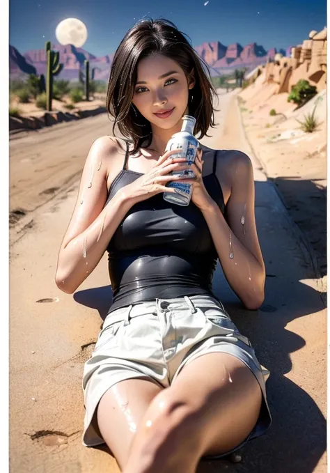 (((口を大きく開けて they stick out their tongue ))), (((Aerial photography))), (((The desert in the background is reminiscent of Mad Max.))) , (((night))), (((Starry sky and moon))),A boldly composed photograph of a Japanese woman that looks like it was taken by a...