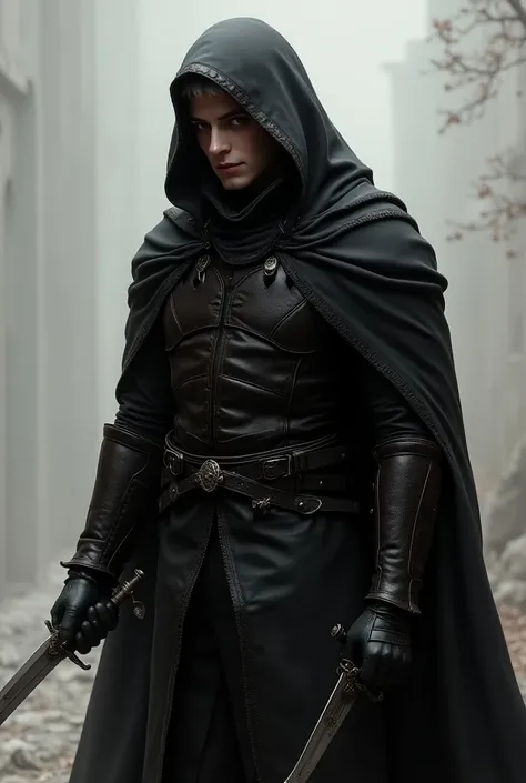 I need an image that refers to a medieval rogue ,  adult man in leather armor with gloves and a large black cloak with a hood, The character is white , gray-eyed, She has short black hair and has two daggers in her hands.