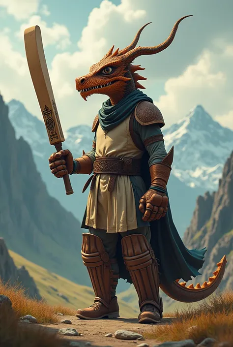 Animated pic of a person wearing cricket gear and holding a cricket bat over his shoulder. The face of the person should be of a Dragon. The image should be themed based on Game of Thrones