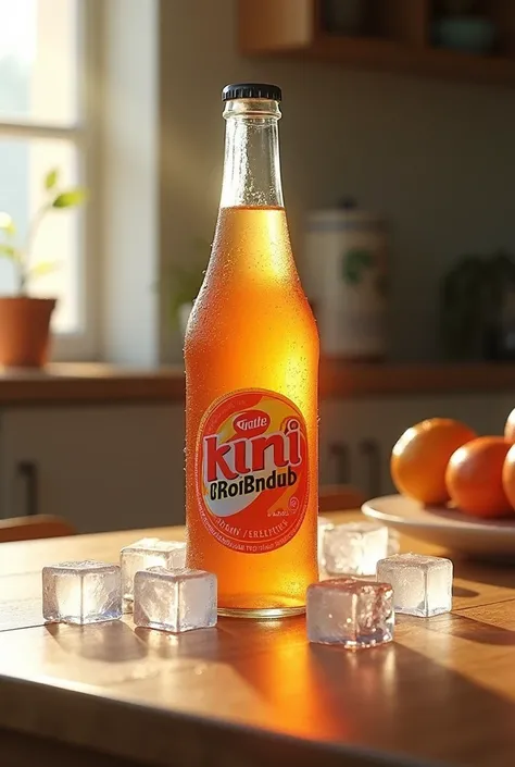  A bottle of soft drink is placed on a table with melting ice.