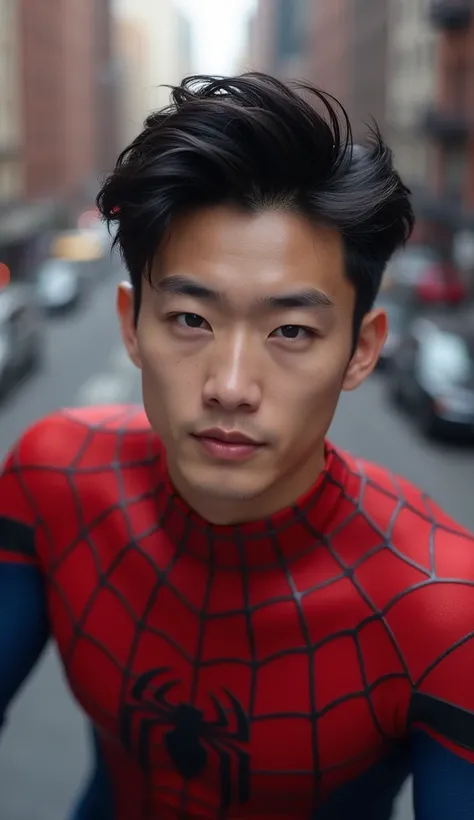 Japanese,23-26, Handsome man,  fair skin, black eyes（thin eyes 1：3), (Super detailed, best quality, 4K, High resolution, masterpiece:1.3) realistic, wearing Spiderman outfit, without cover his face, undercut hairstyles, new york city, top down angle 