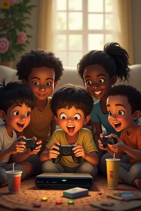  The same previous child playing video games from the year 2007 with 4 friends over the same age, but with different skin colors such as white , moreno, dark-skinned 