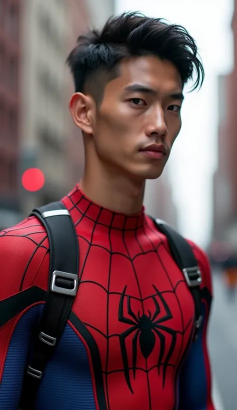 Japanese,23-26, Handsome man,  fair skin, black eyes（thin eyes 1：3), (Super detailed, best quality, 4K, High resolution, masterpiece:1.3) realistic, wearing Spiderman outfit, without cover his face, undercut hairstyles, new york city, down top angle 