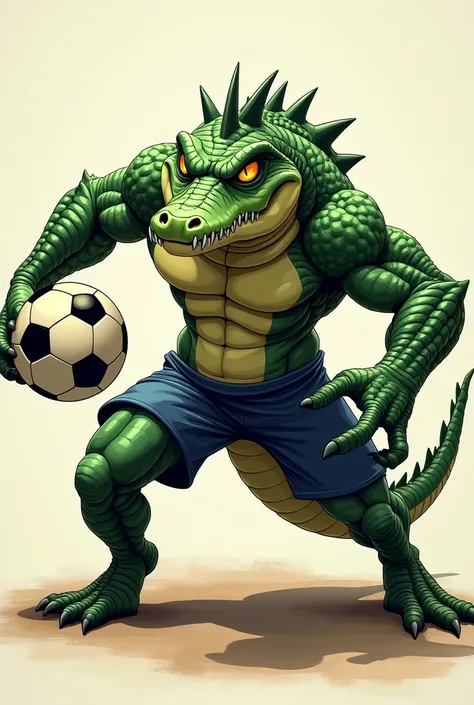 Image of a humanoid crocodile holding a ball in his hand from soccer posture 4k anime