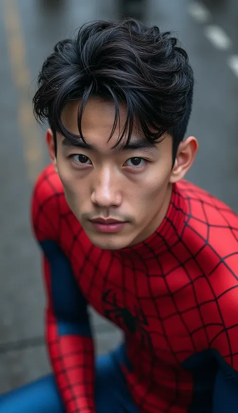 Japanese,23-26, Handsome man,  fair skin, black eyes（thin eyes 1：3), (Super detailed, best quality, 4K, High resolution, masterpiece:1.3) realistic, wearing Spiderman outfit, without cover his face, undercut hairstyles, new york city, top down angle, raini...