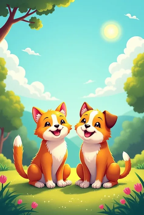 cat and dog smiling outside under the sun in cartoon style