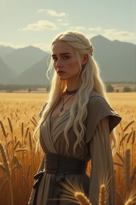 Create a Mrs. Targaryen crying for her husband while holding her arms in a wheat field, Dragon House style 