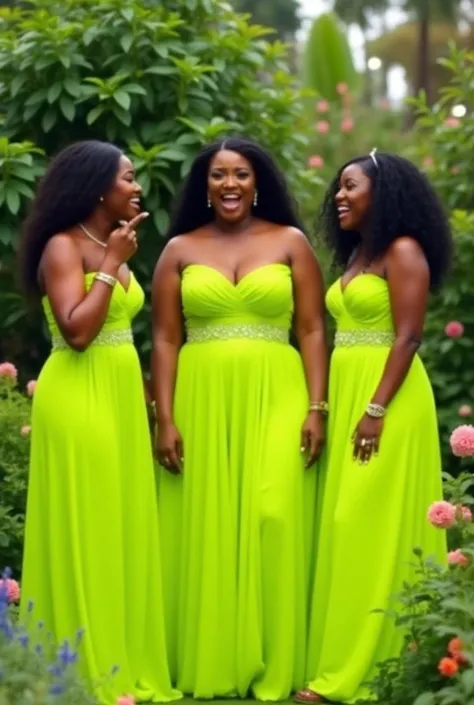 Beautiful nigerian women in lime bridesmaids dress garden