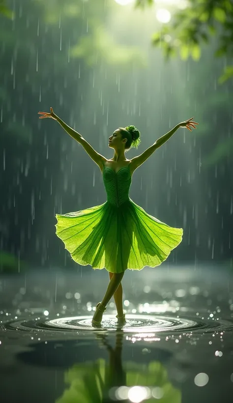  A vibrant green leaf of a tree ,  ,  floats on a surface of rainwater ,  her delicate shape cut out of a ballet dancer .  The crystal drop of water on the leaf ,  that resembles a brilliant stage ,  highlights the elegant movement of the ballerina . The v...