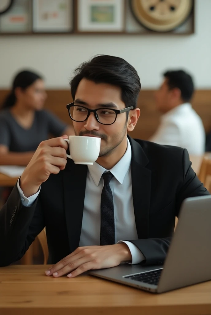 a light skinned Indian guy sitting in a coffee shop looking at the laptop in front of him with a medium cup of coffee in his right hand and on his lips as if he is taking slow sips from the cup. He is wearing thin framed glasses and an office suite. The su...