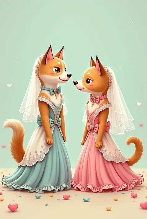 cat and dog in cartoon style wedding dresses