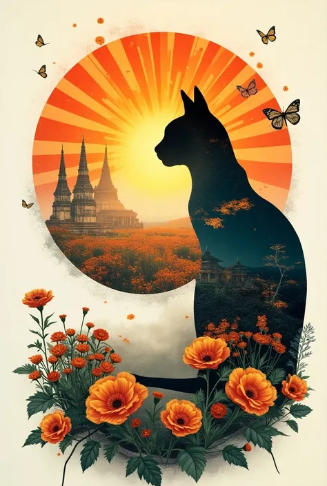 Creative collage composition with multiple elements :
 - Double exposure effect of a cat overlaid with a pattern of sun blasts, scaring away colors, looks bright
- Vicchiermas cat silhouette
- Marigolds are blooming
- Ancient Thai Temple
- There is the wor...