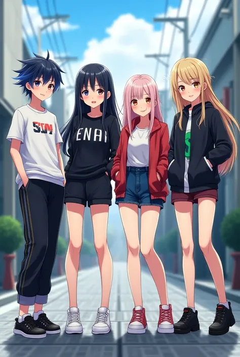  A group of 4 anime-style characters

The first character :  wear casual clothes  esportivo, stylish and modern,  stylish gradient haircut ,  dark black hair color

Second character :  wear casual clothes ,  stylish shirt , black sweatshirt blouse , bermud...