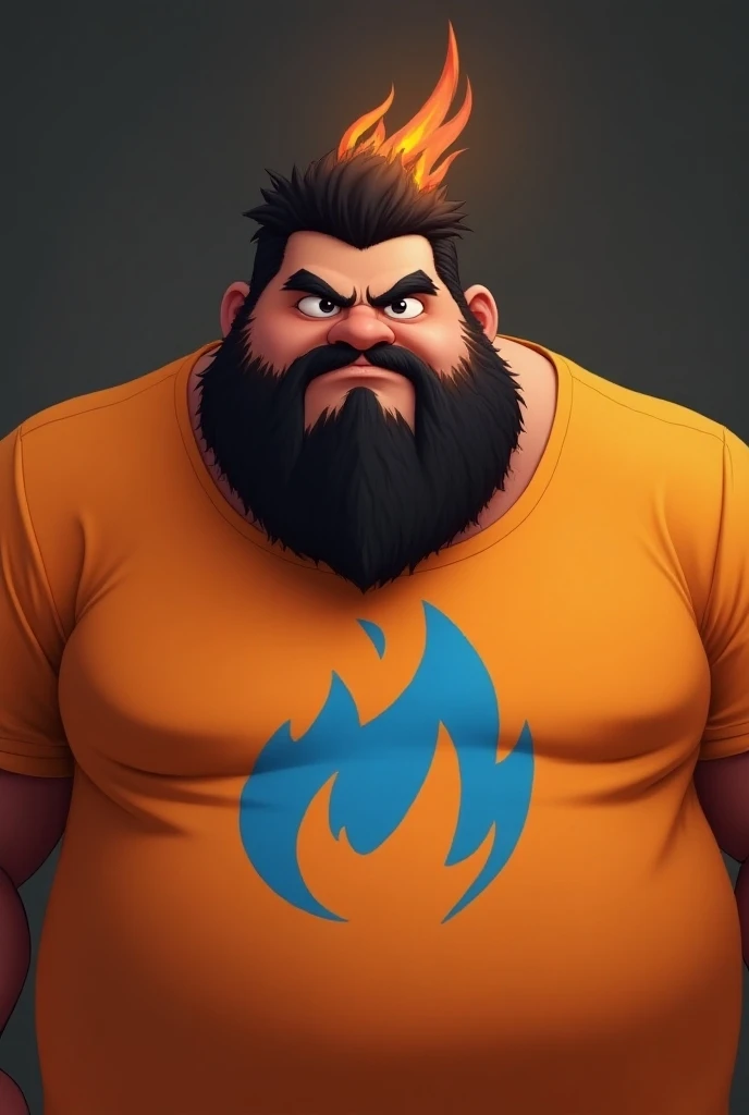   Create a fat male character with dark skin and short black hair with a fire design on the head, dark circles, with black eyes,   with an annoyed expression ,   with oversized orange t-shirt with blue flame logo , with full beard and mustache  ,  do this ...