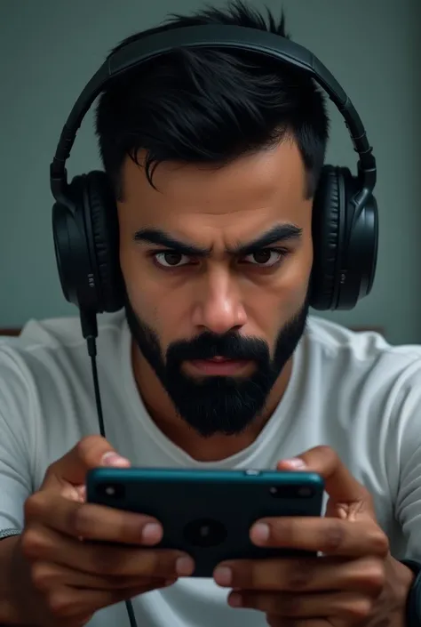 Virat Kohli is playing PUBG on his phone and has a headphone on his head (front view. 