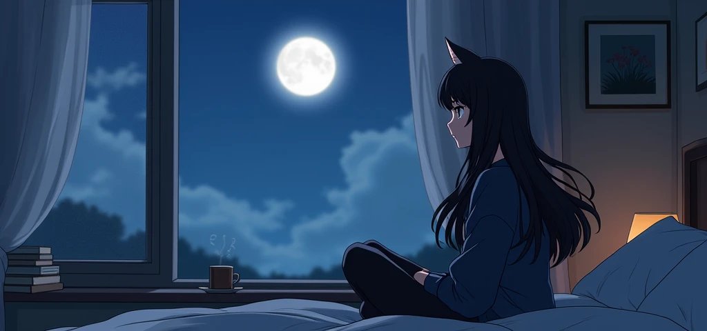 An anime-style scene featuring a bold, introspective cat girl with long, dark hair that flows over her shoulders, with soft bangs framing her face. She sits cross-legged on a cozy bed, her gaze focused out a nearby window at a serene night sky, where a bri...