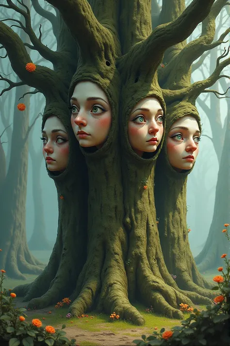 Four faces in four seperate trees