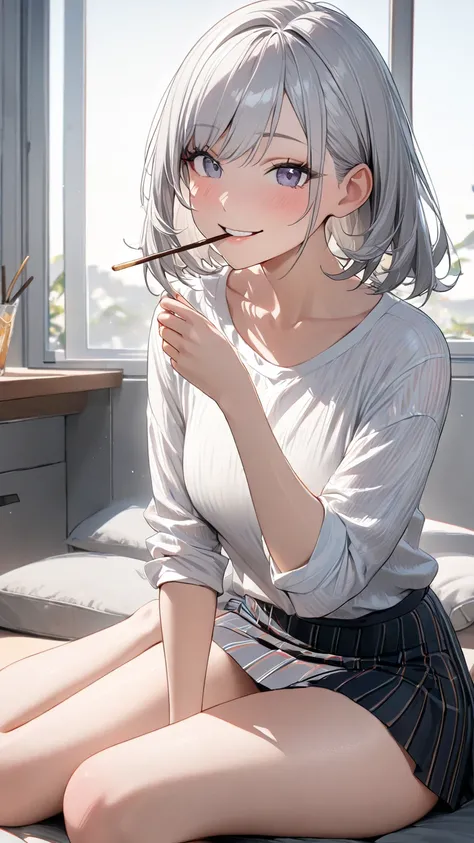  1 girl, solo, smile,  shortcuts,  Hi-Res, masterpiece,  textured skin,  Silver Hair, Beauty,fine, bright , slender,Aperture F1.2,Head to foot, sexy,Fair skin,be happy, no background,Best Quality,  High Details ,  shirt ,skirt,Holding a Pocky in one mouth ...