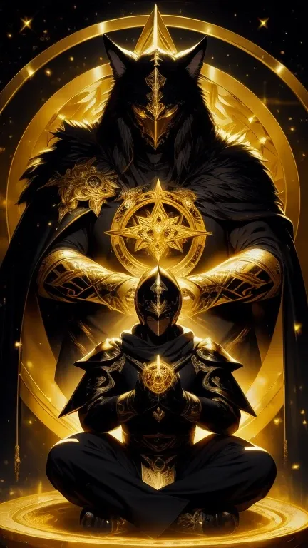 High quality, masterpiece, best detail, full body, man in black armor with golden runes, wolf ears on black helmet with golden runes, moon overhead, meditating in lotus position, holding galaxy in hands