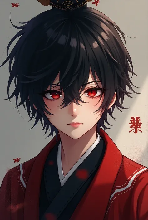 1 boy, detailed anime-inspired portrait, young samurai warrior, red eyes, traditional japanese, samurai, hair partially covering face, slight smile, (best quality,4k,8k,highres,masterpiece:1.2),ultra-detailed,(realistic,photorealistic,photo-realistic:1.37)...