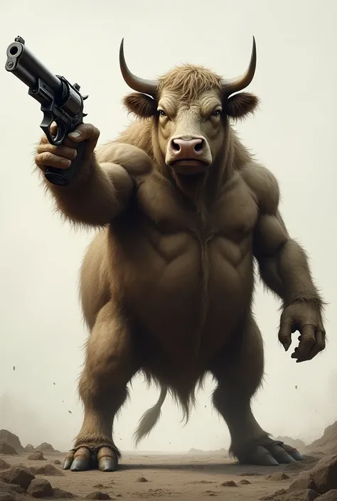 A cow holding a gun ready to fight