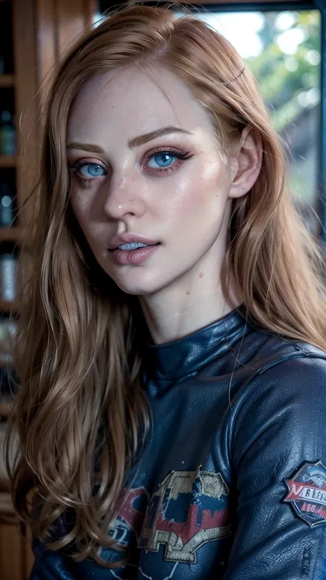 (((ultra realistic))) light mid hair, young, smile , blue eyes, super white pale skin, ((Deborah ann woll)), Photo, masterpiece, top quality, (pale skin), (Ultra detailed face and eyes:1.2), Bright eyes, portrait , (Shy), Country pub in background, beer, r...