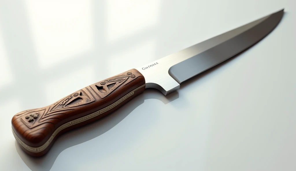 a cherokee knife sitting on a white table, overhead view, highly detailed, photorealistic, 8k, ultra-detailed, realistic, studio lighting, sharp focus, physically-based rendering, extreme detail description, professional, vivid colors, bokeh