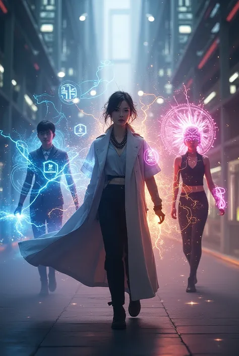 Scene 2 (Episode 1):  The characters demonstrate their abilities ,  each with its visual presentation .  Jiwon manages time ,  Apsara uses biotechnology , Minseok hacks ,  Jirawat manipulates energies and Yumi controls electricity.