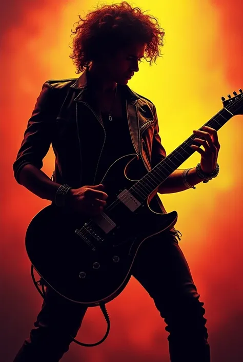 A Silhouette poster of a metal guitsrist with short curly hair and a schecter guitar that is not V shape and make the background more bright and a add a good outfit and make the guitar rounder