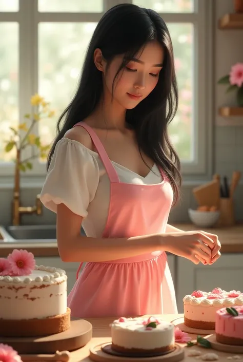 

(photorealism:1.2), beautiful woman, standing in the kitchen, wearing an elegant white dress with a pink apron, long straight black hair, soft lighting, flower in background, window with sunlight, cozy room, making lots of beautiful cakes, realistic, int...