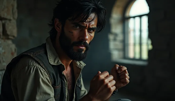 A close-up of a young man, black hair and beard , possibly in his early 20s, dressed in tattered clothes, sitting in a dark stone prison cell. His face shows visible signs of distress, but his eyes are fierce with determination. His hands are clenched into...