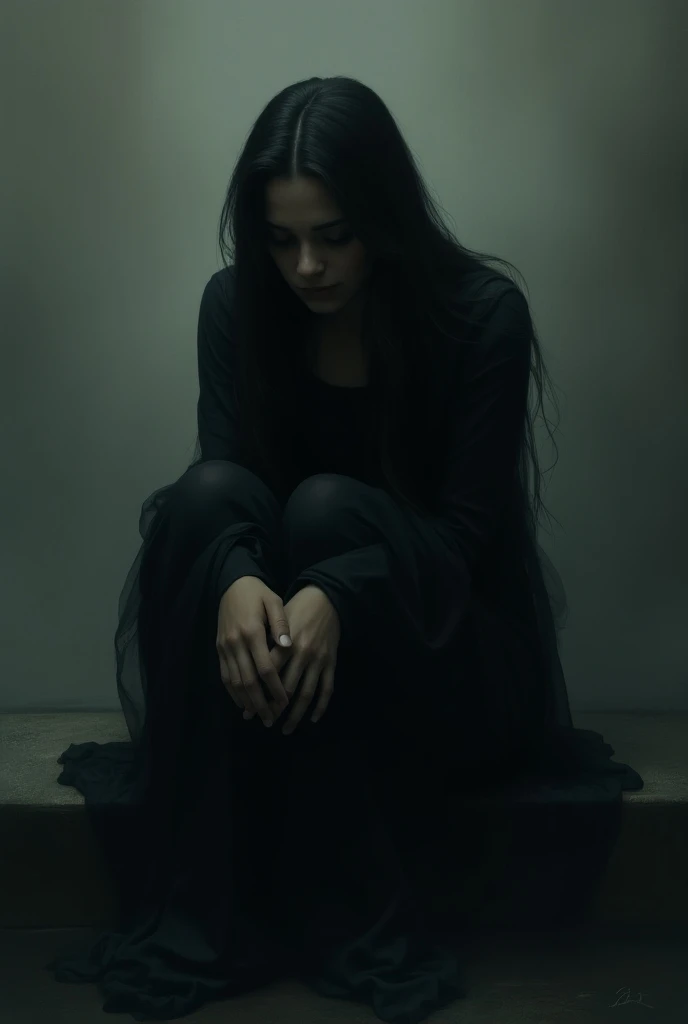 This is a digital painting in a dark, dramatic, and surreal style. The artwork features a lone figure of a woman with a haunting, melancholic expression. She is depicted sitting with her head bowed and her hands clasped together, suggesting a sense of desp...