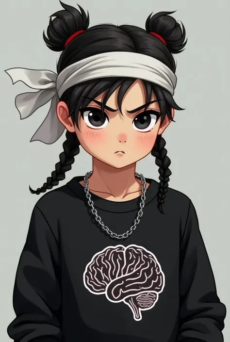   Create a male character with fair skin and black hair with bow braids.   with a headscarf , with black eyes,   with an annoyed expression   , ,   wearing a black sweatshirt with a silver chain with a drawing of the brain  ,      do this in the style of t...