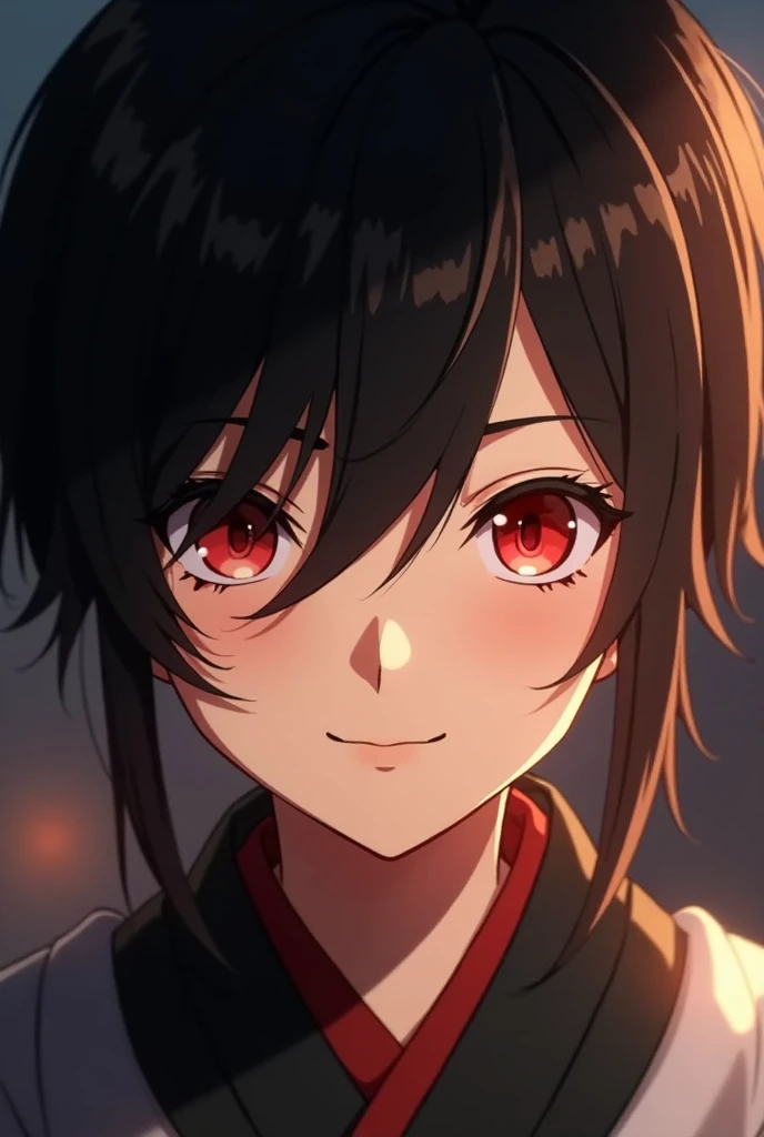 1 boy, detailed anime-inspired portrait, young samurai warrior, red eyes, traditional japanese hairstyle, hair partially covering face, slight smile, mascara de diablo de army two, (best quality,4k,8k,highres,masterpiece:1.2),ultra-detailed,(realistic,phot...